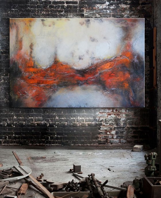 Terra Nova, 40"x60" Textural Red and grey abstract Painting ready to hang