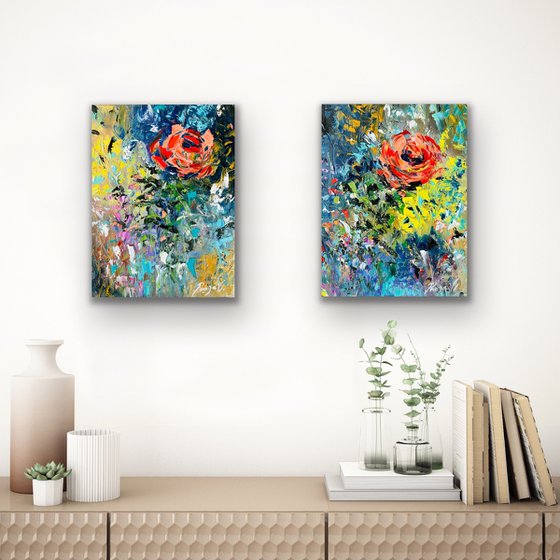 Symphony in Scarlet - Diptych Painting - Roses