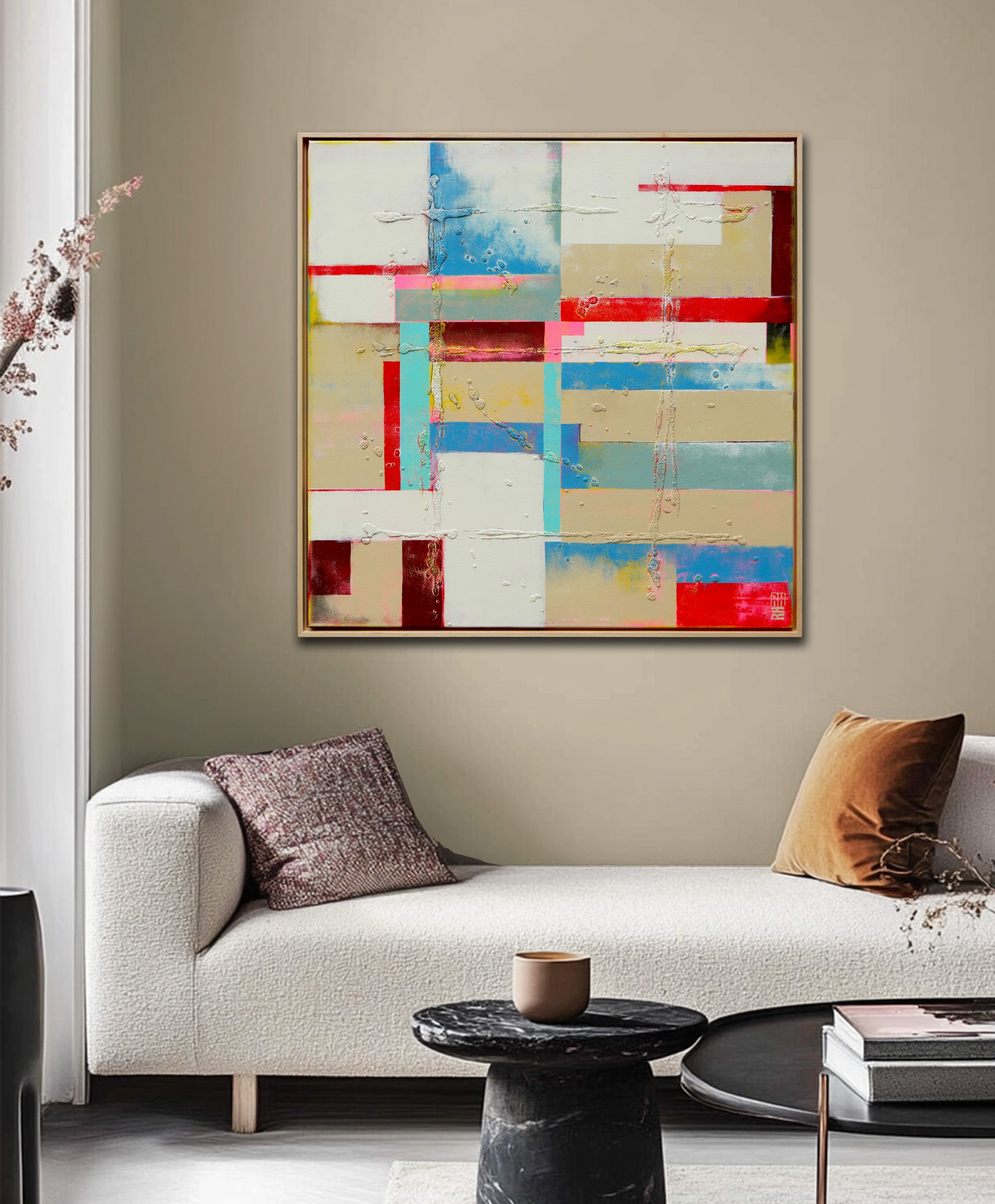 Abstract Acrylic Painting By Ronald Hunter, 37 X 37", Untitled Red & Sand, Original Artwork