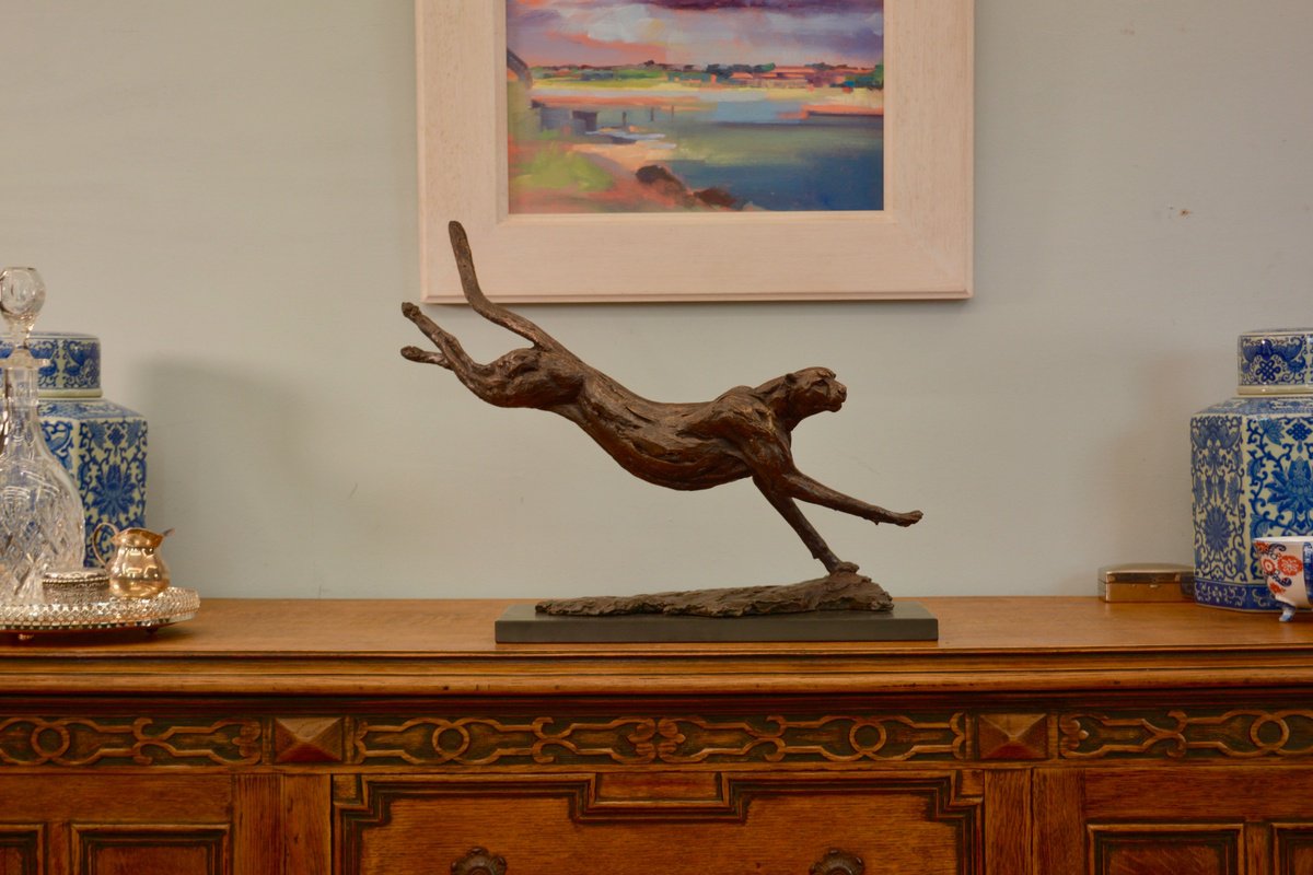 Animal Sculpture By Tanya Russell, 16 X 9", Running Cheetah Bronze Resin, Original Artwork