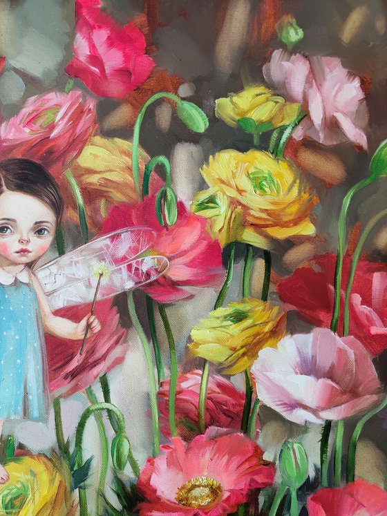 Whimsical flower Fairy canvas painting in oil, Pop surrealism art, Girl art