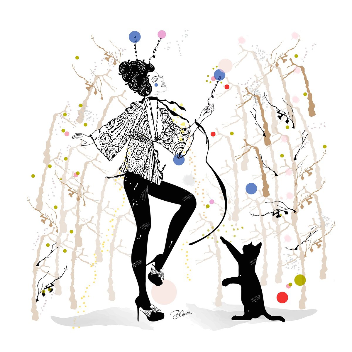 Illustrative Animal Print By Artemisia, 12 X 12, Cinzia And Her Cat, Original Artwork