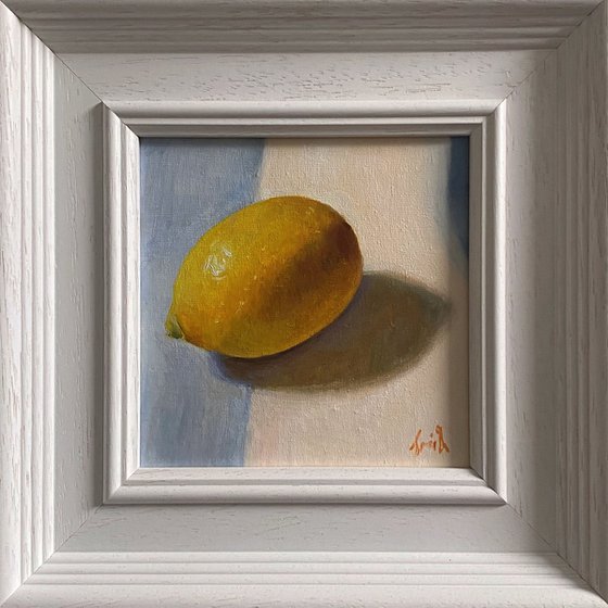 Lemon Still Life original oil realism painting, with wooden frame.