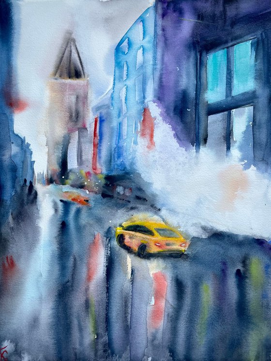 New York Watercolor Painting, Rainy City Original Artwork, NYC Artwork, Abstract Cityscape Art