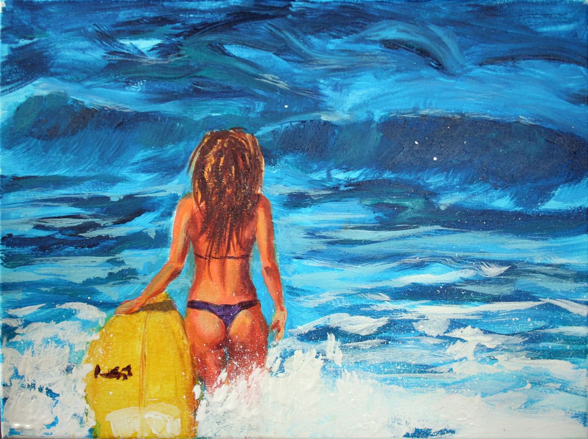 Surfer Girl / Sea summer gift sea swimming /  ORIGINAL PAINTING by Salana Art Gallery