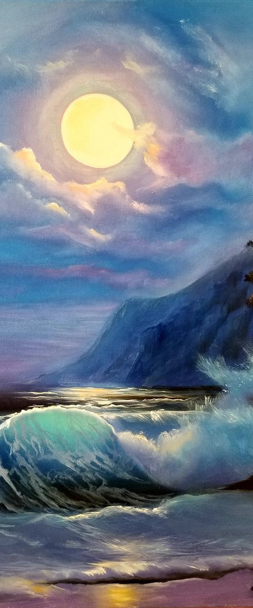 Moonlight Reflection. Original Oil Painting on Canvas. Sea Landscape. Tropical. Sky and Sea. Mother's Day Gift. Wall Art. Home Decor. by Alexandra Tomorskaya/Caramel Art Gallery