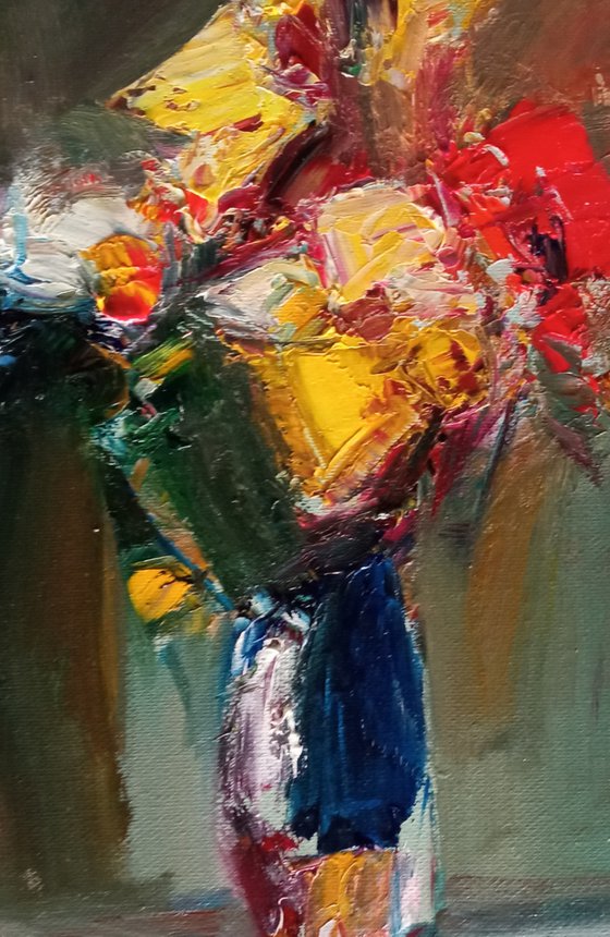 Red and yellow poppies (30x24cm, oil painting, palette knife)