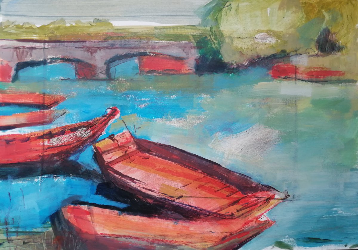Expressive Landscape Acrylic Painting By Olga David, 17 X 12", Fishing Boats At The Estuary, Original Artwork