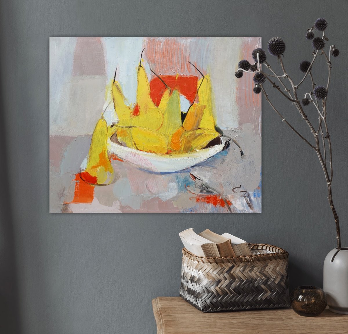 Impressionistic Still Life Oil Painting By Victoria Cozmolici, 20 X 16", Pears, Original Artwork