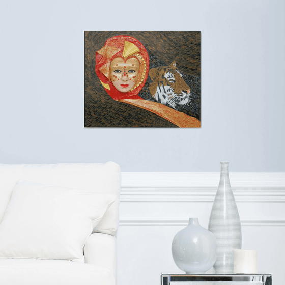 Moods - Original, unique, fantasy woman and tiger mixed media mosaic art in high-relief