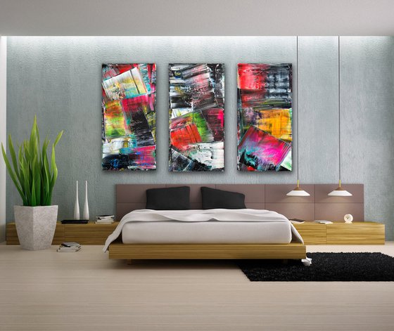 "Screaming In Color" - Save As A Series - Original PMS Xt Large Abstract Acrylic Painting Triptych On Canvas - 72" x 48"