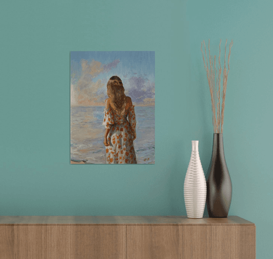 Impressionist beach female figure oil painting. 30x40cm