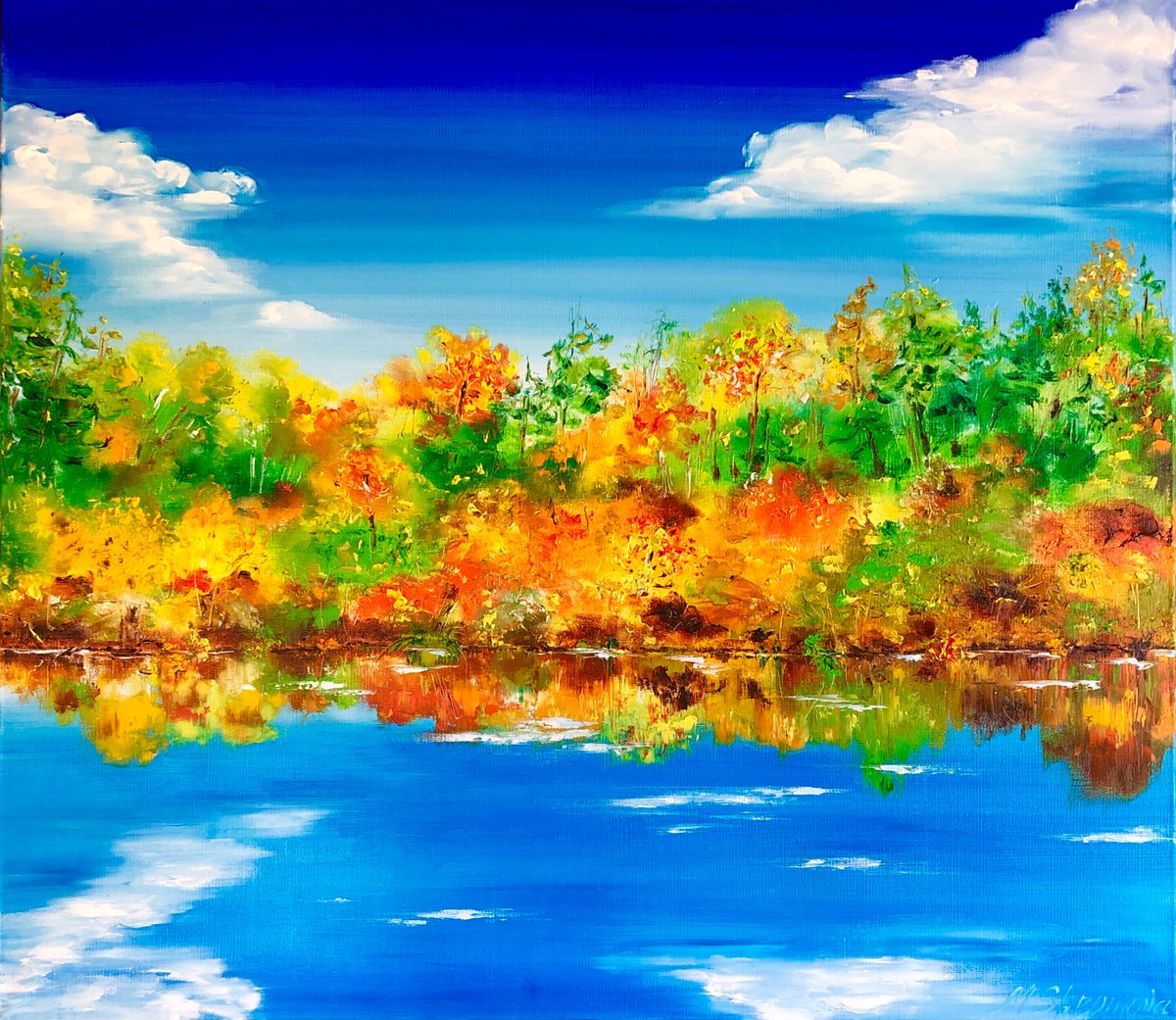 HARMONY ON THE SHORES - Autumn. October. Bright landscape. Blue river. Warm weather. Red f... by Marina Skromova