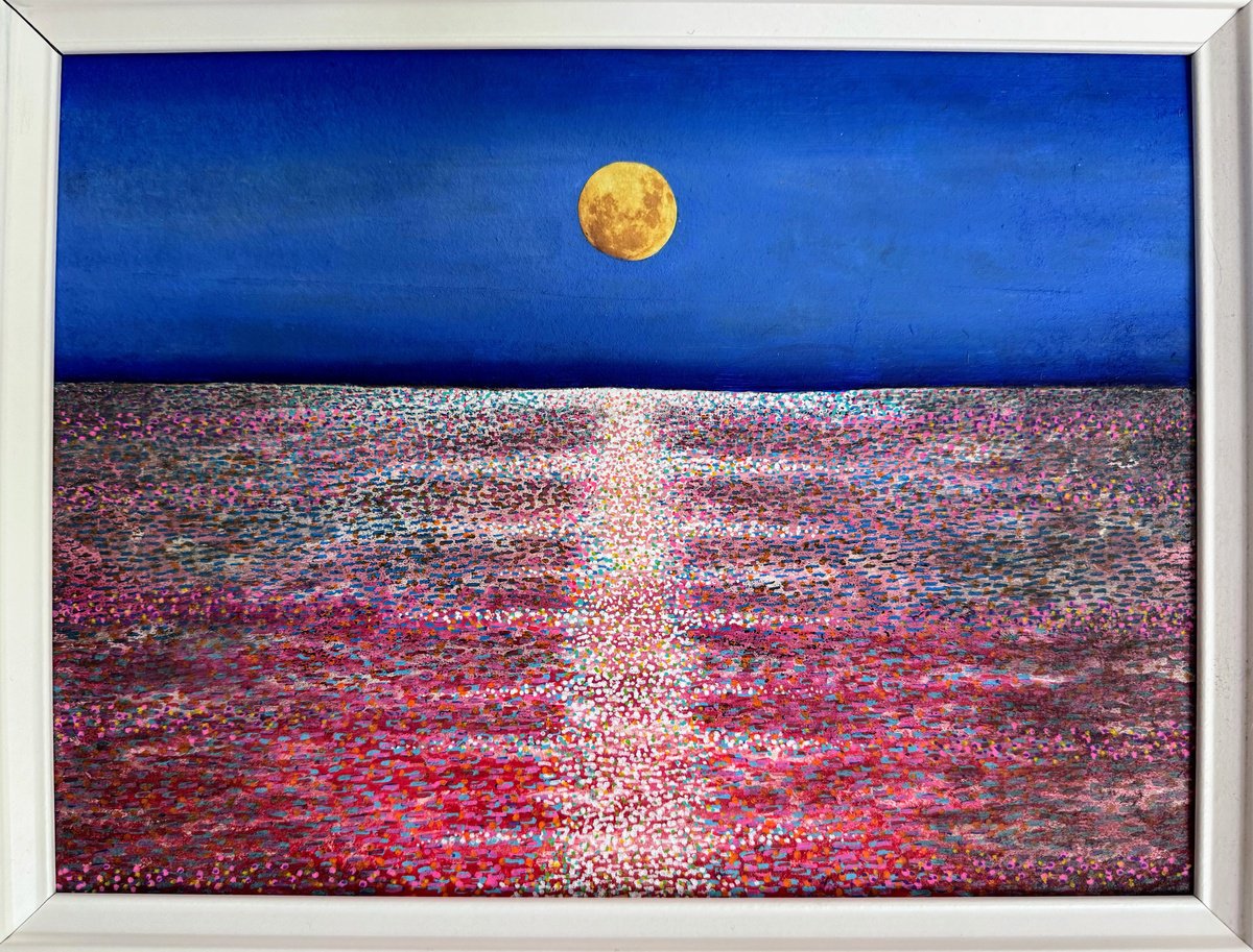Surrealistic Landscape Painting By Stefano Pallara, 17 X 13", Promessa Alla Luna N.11, Original Artwork