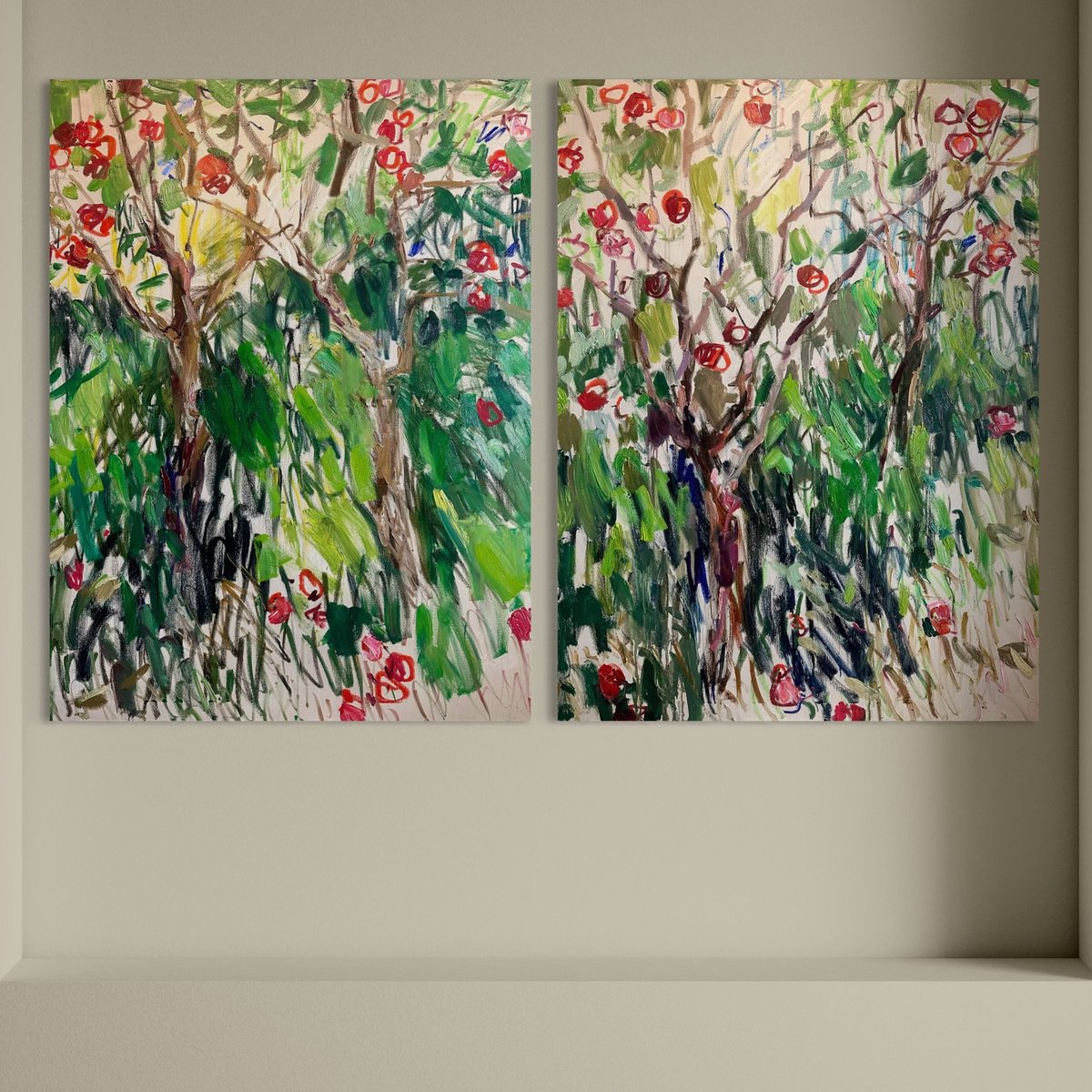 Expressive Landscape Oil Painting By Lilia Orlova-Holmes, 71 X 47", Sunshine & Red Apples. Diptych, Original Artwork