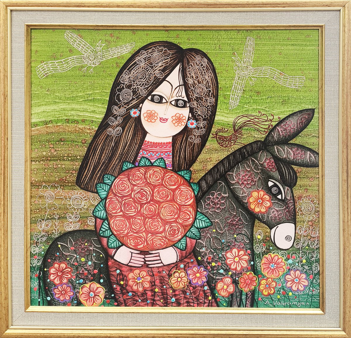 Naive Portrait Oil Painting By Armen Vahramyan, 18 X 18, Soul Companions, Original Artwork