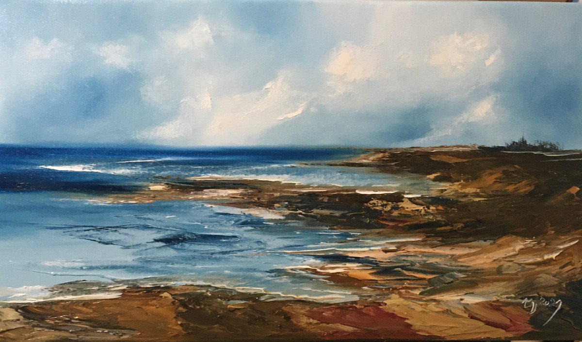 Impressionistic Landscape Oil Painting By Timea Valsami, 24 X 14", Golden Beach, Original Artwork