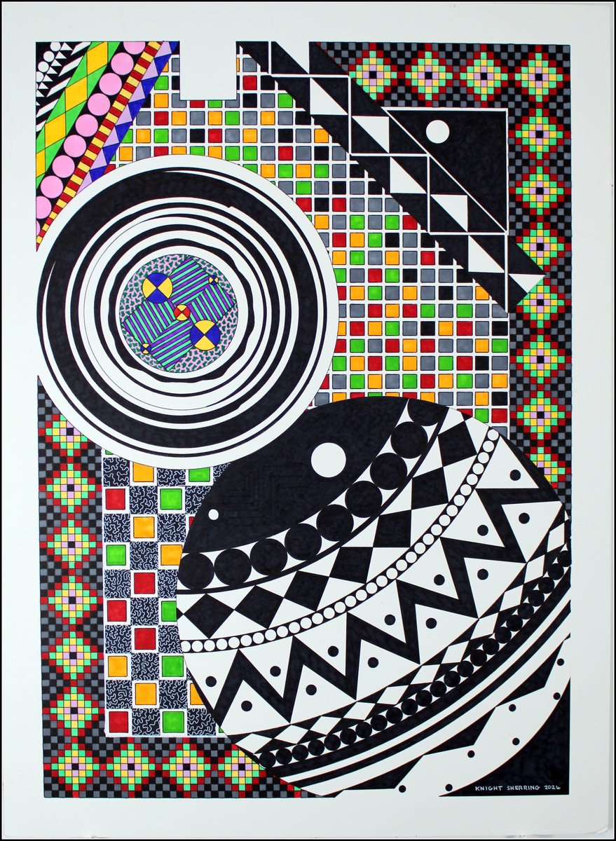 Abstract Ink Drawing By Knight Sherring, 22 X 30", Peripheral Vision., Original Artwork