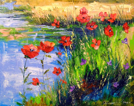 Poppies by the pond