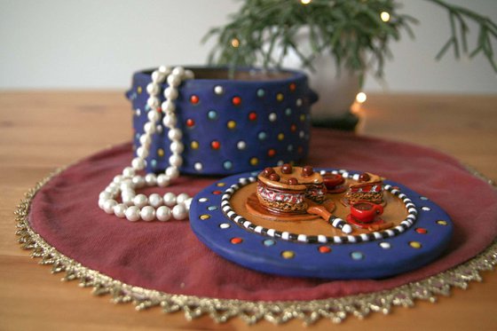 Ceramic | Blue polka dot jewelry box | Cookie bowl with dessert miniatures