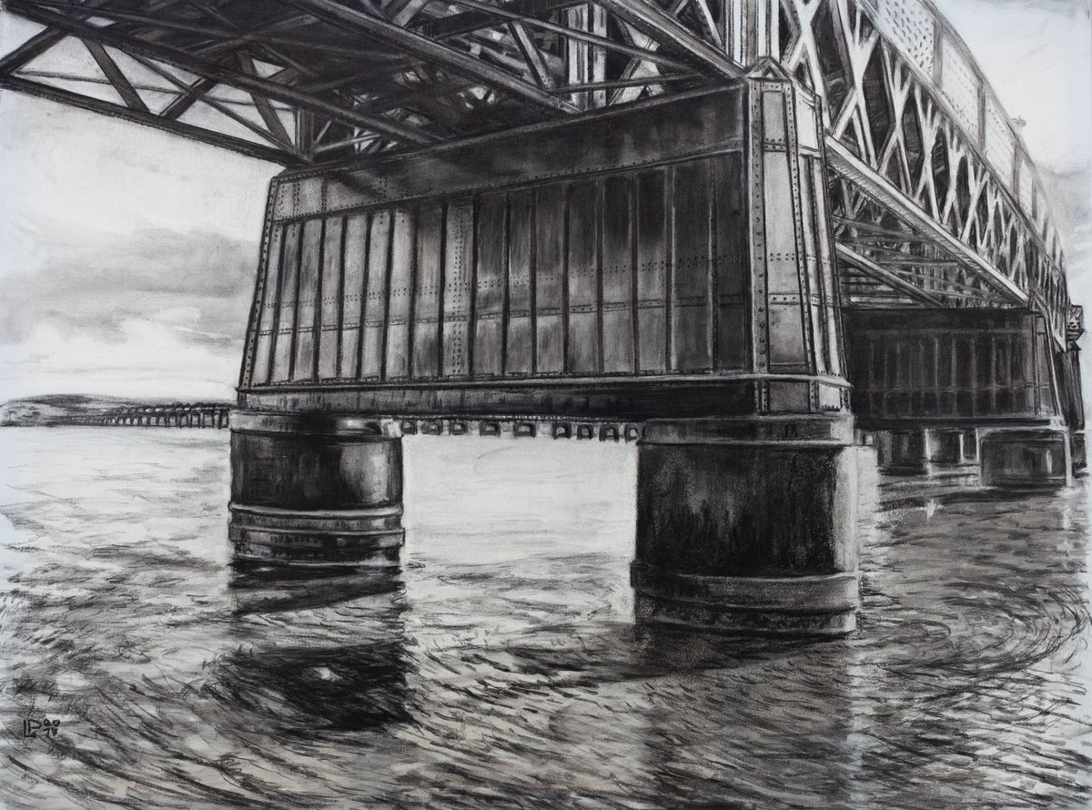 Photorealistic Cityscapes Charcoal Drawing By Liudmila Pisliakova, 51 X 39", Tay Rail Bridge, Original Artwork