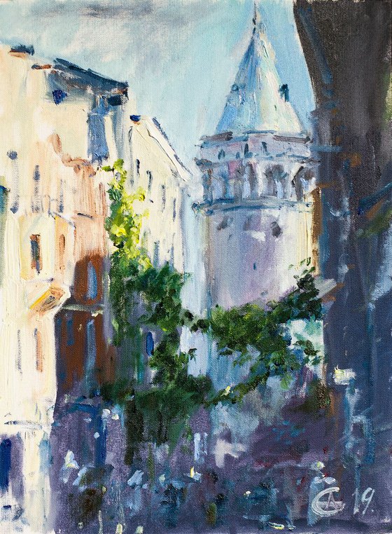 Galata tower. Original oil painting. Small city street scene impressionism impression architecture decor travel turkey urban