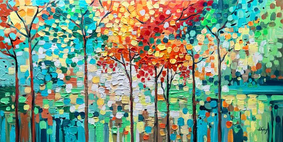 Emerald Moments - Abstract Colorful Trees Painting, Blossom Landscape Canvas Wall Art Painting, Large Abstract Landscape