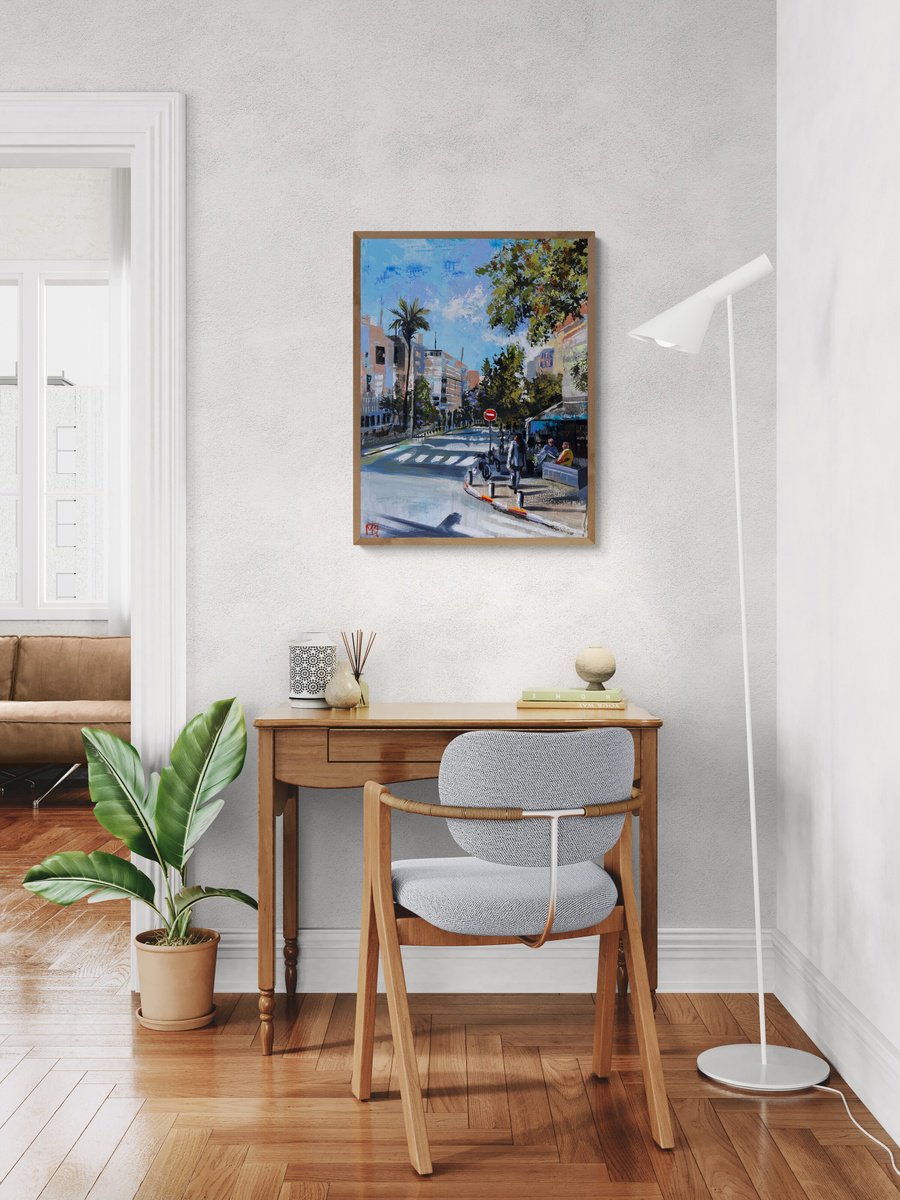 Impressionistic Cityscapes Acrylic Painting By Maria Kireev, 24 X 31", Passing The Cafe, Original Artwork