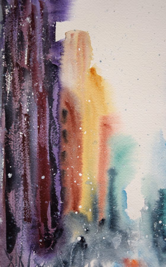 Snowy New York watercolor painting, original abstract cityscape, winter Manhattan