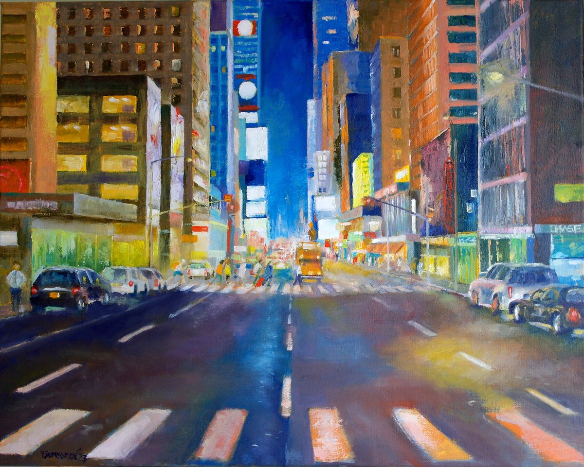 Expressive Cityscapes Oil Painting By Juri Semjonov, 20 X 16", New York, Night Street, Original Artwork