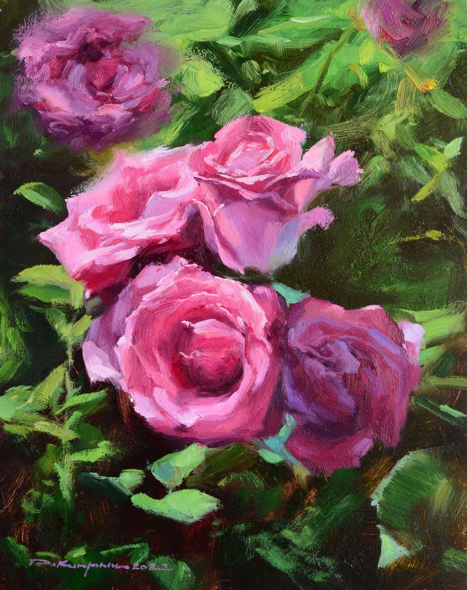 Impressionistic Botanical Oil Painting By Ruslan Kiprych, 9 X 12", Roses At Noon, Original Artwork
