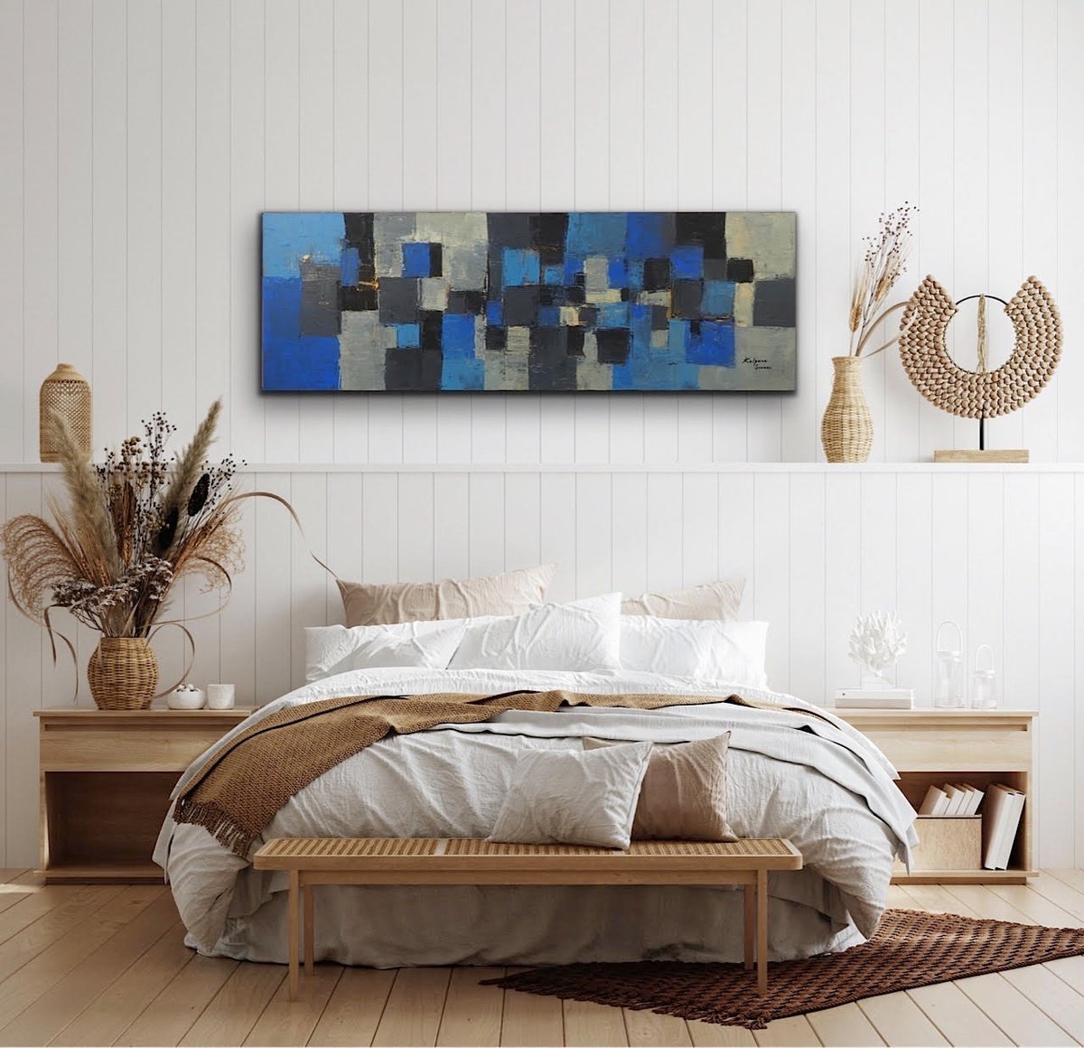 Geometric Abstract Acrylic Painting By Kalpana Soanes, 60 X 20", Calm Days By The Sea, Original Artwork