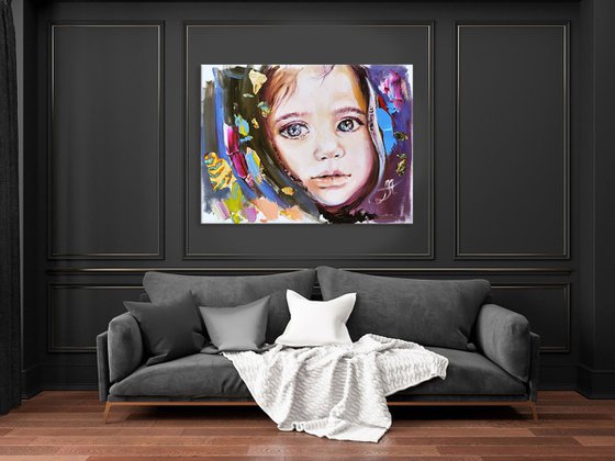 Large print on canvas. Gold leaf giclee print. Girl in a headscarf print.
