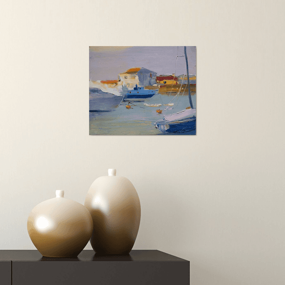 Embankment of the Italian city of Fiumicino. Roman Holiday Series. Original plein air oil painting .