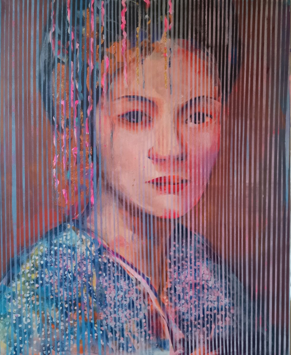 Expressive Portrait Acrylic Painting By Marina Del Pozo, 32 X 39", Pink Gheisa, Original Artwork