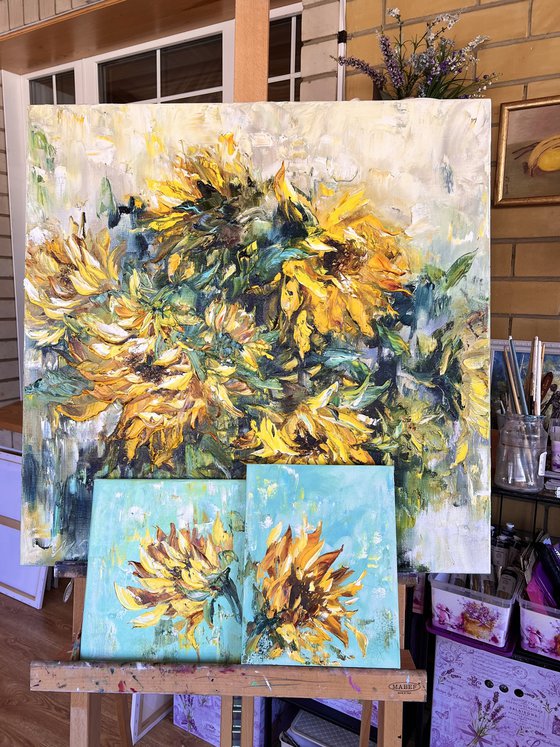 SUNFLOWER FLOWER 3 - yellow flowers art,   3d mini painting