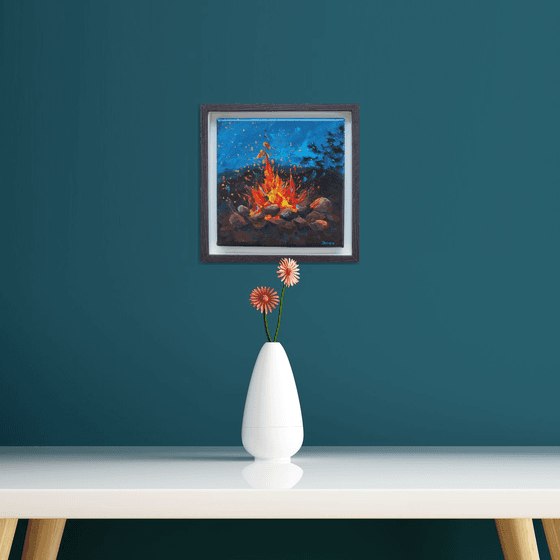 Bonfire - original painting, framed, ready to hang