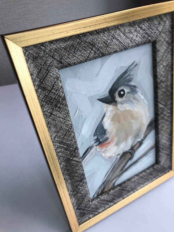 Bird painting mini art framed 15x20cmTufted Titmouse