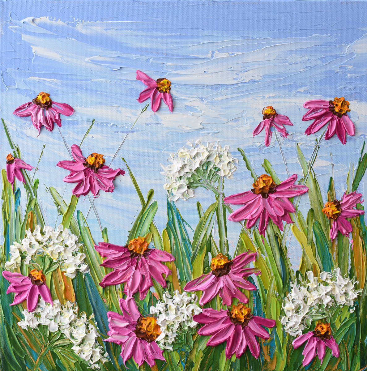 Impressionistic Botanical Acrylic Painting By Olga Tkachyk, 12 X 12", Echinacea Meadow, Original Artwork