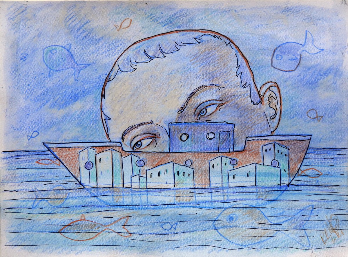 Illustrative Landscape Pastel Drawing By Paolo Beneforti, 9 X 7", In A City Adrift, Original Artwork