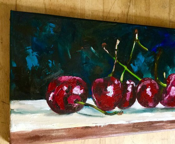 Cherries. Still life. Palette knife painting on linen canvas