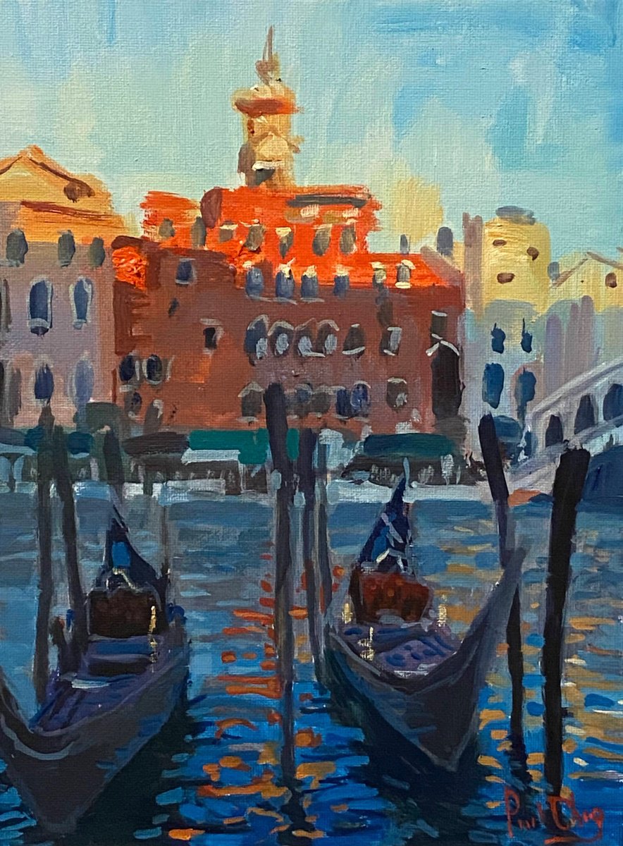 Impressionistic Cityscapes Oil Painting By Paul Cheng, 9 X 12", Venice Dusk, Original Artwork