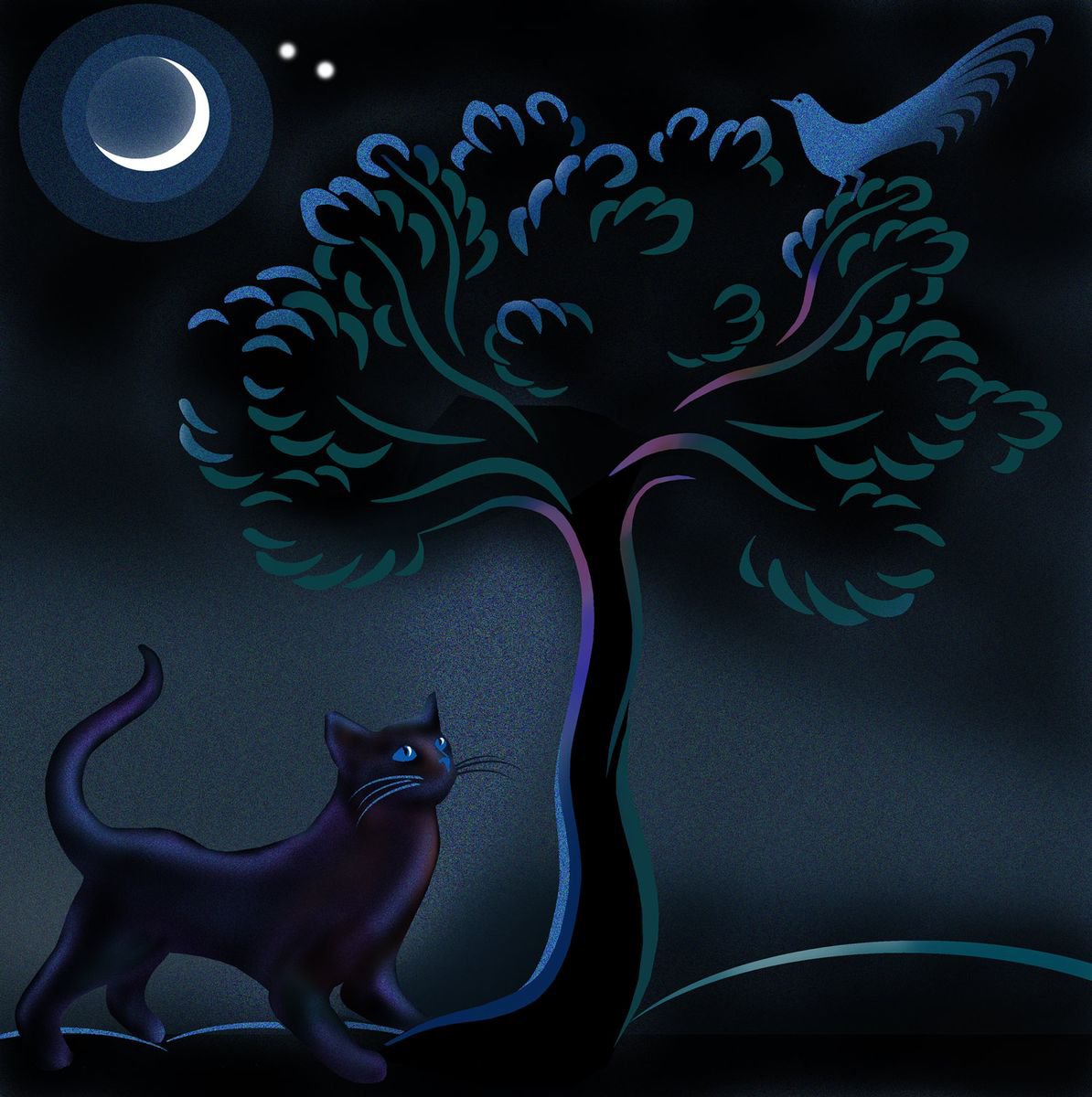 Cat, Tree and Bird by Moonlight; landscape scene. Variable edition print (violet) by Phyllis Mahon