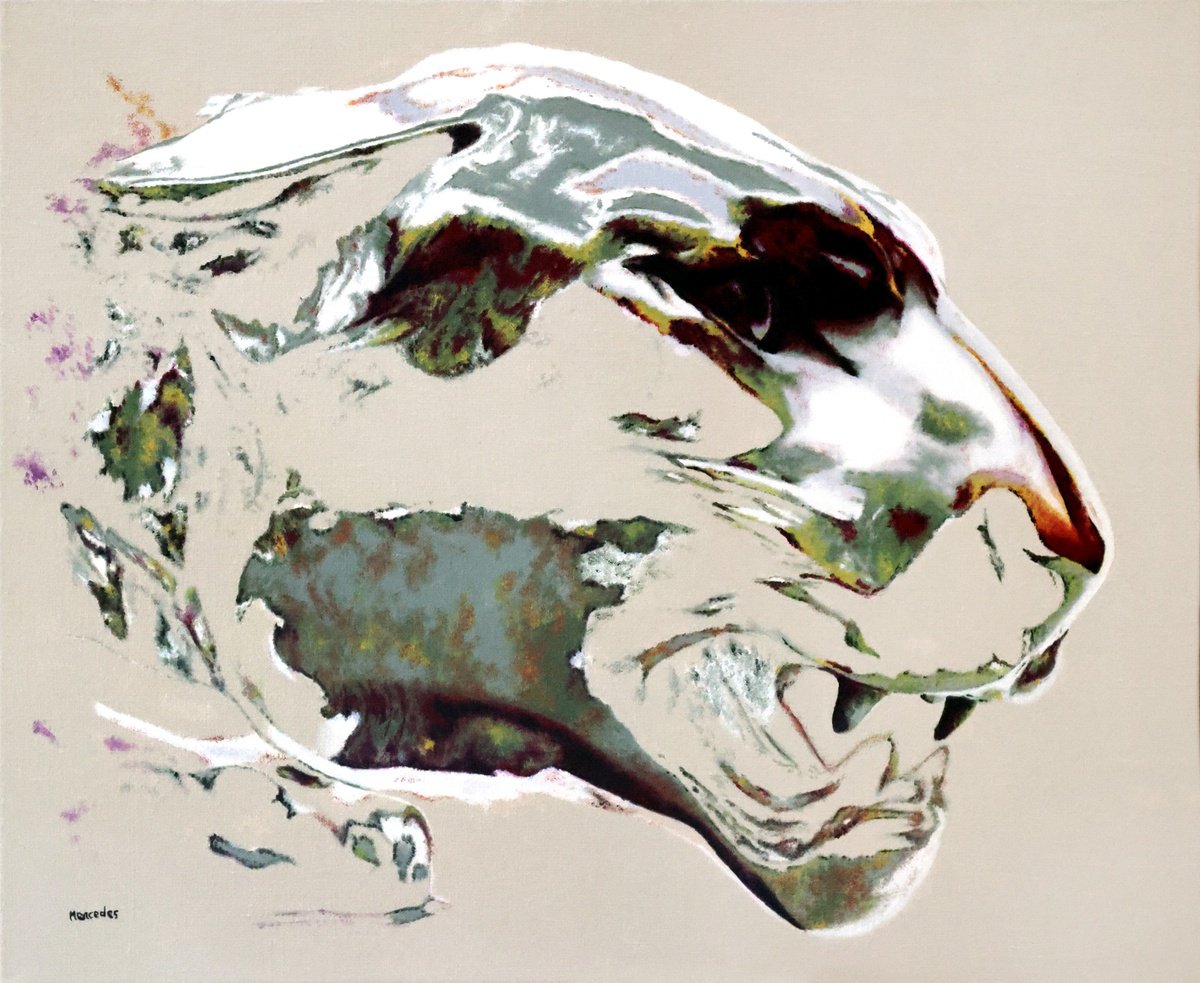 Urban And Pop Animal Oil Painting By Mercedes Soret, 24 X 20", Lionne Rugissant De Gardet, Original Artwork