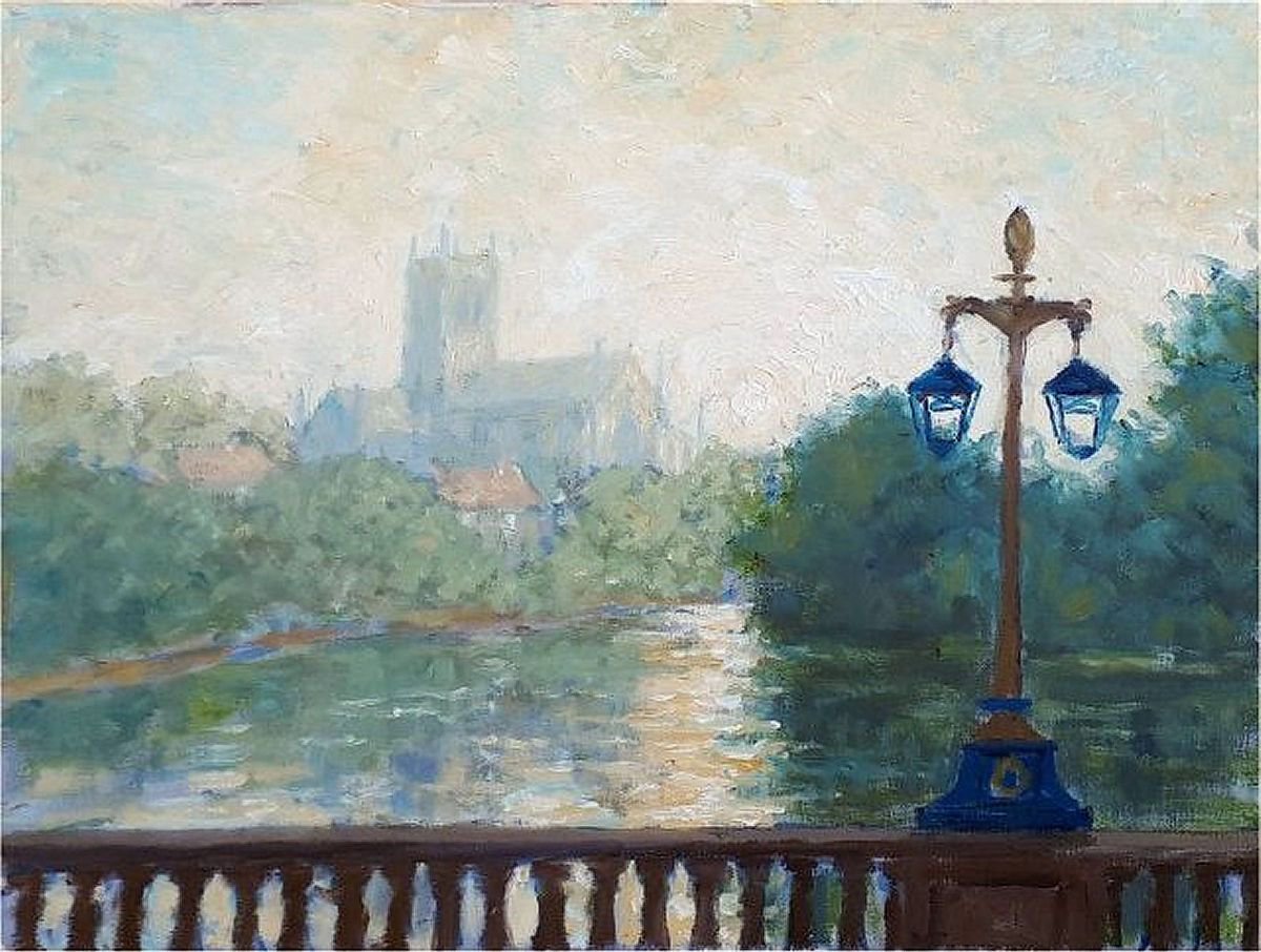 Cityscapes Oil Painting By Colin Ross Jack, 16 X 12, Worcester Cathedral : Misty Sunrise, Original Artwork