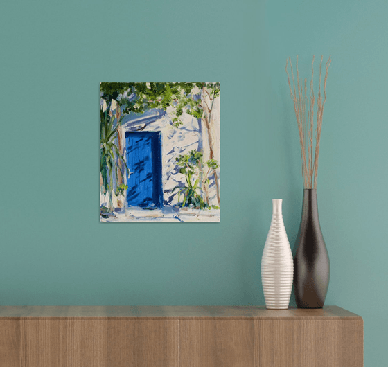 Blue door. Study. Original oil painting. Small contrast landscape light shadow nature france blue decor detail impressionistic impression travel mood open street architecture