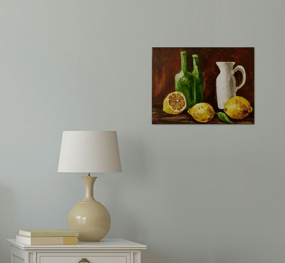 2 Bottles, jar and lemons.  Still life. Palette knife painting on linen canvas