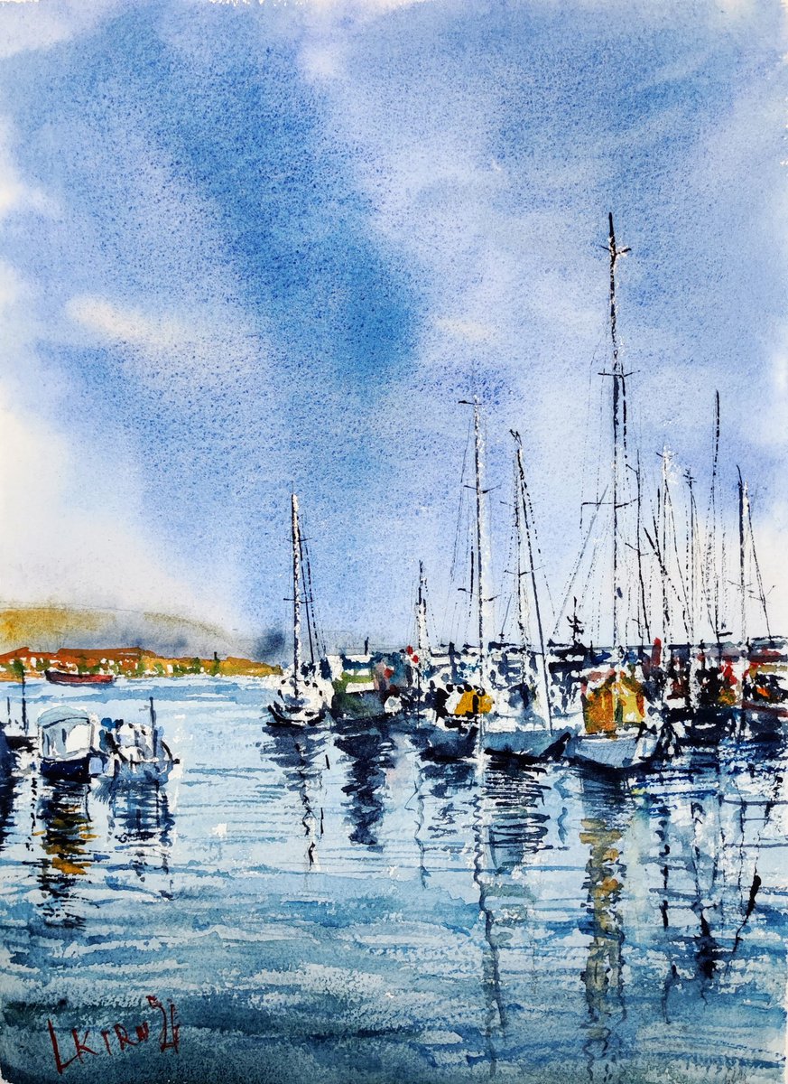 Impressionistic Landscape Watercolour By Leonid Kirnus, 11 X 15", Marina (Akko), Original Artwork