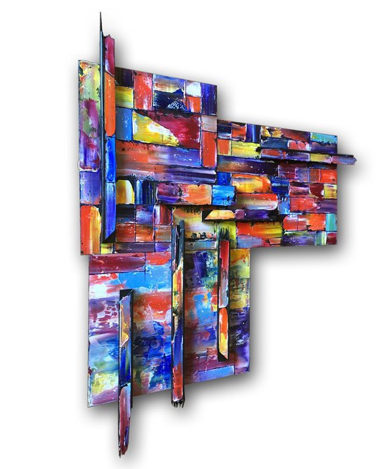 "Block Out" - Original Three-Piece Assembled PMS Mixed Media Sculptural Painting On Wood, Framed -  40 x 48 inches