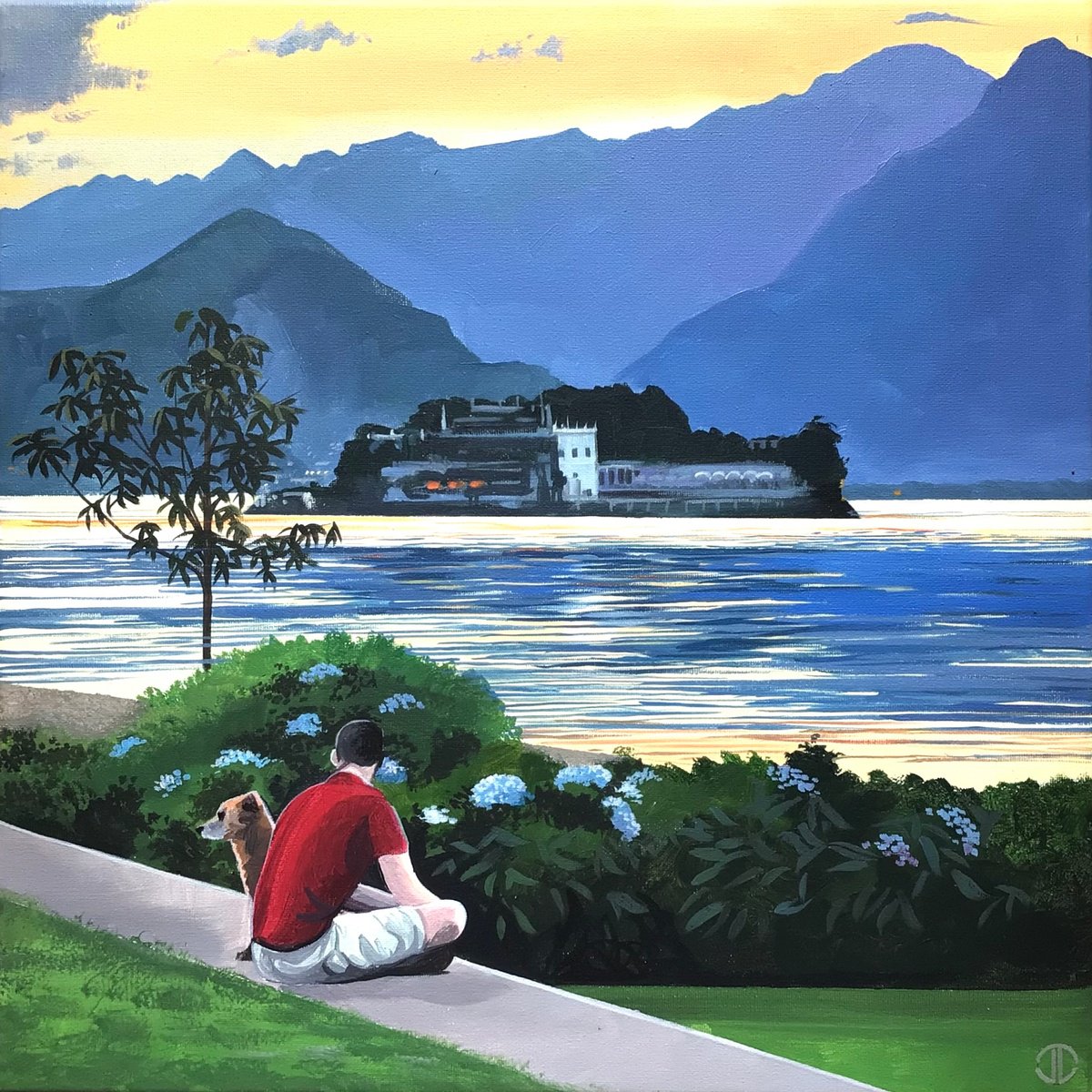 Impressionistic Landscape Acrylic Painting By Joseph Lynch, 20 X 20, Sunset Lake Maggiore Italy, Original Artwork